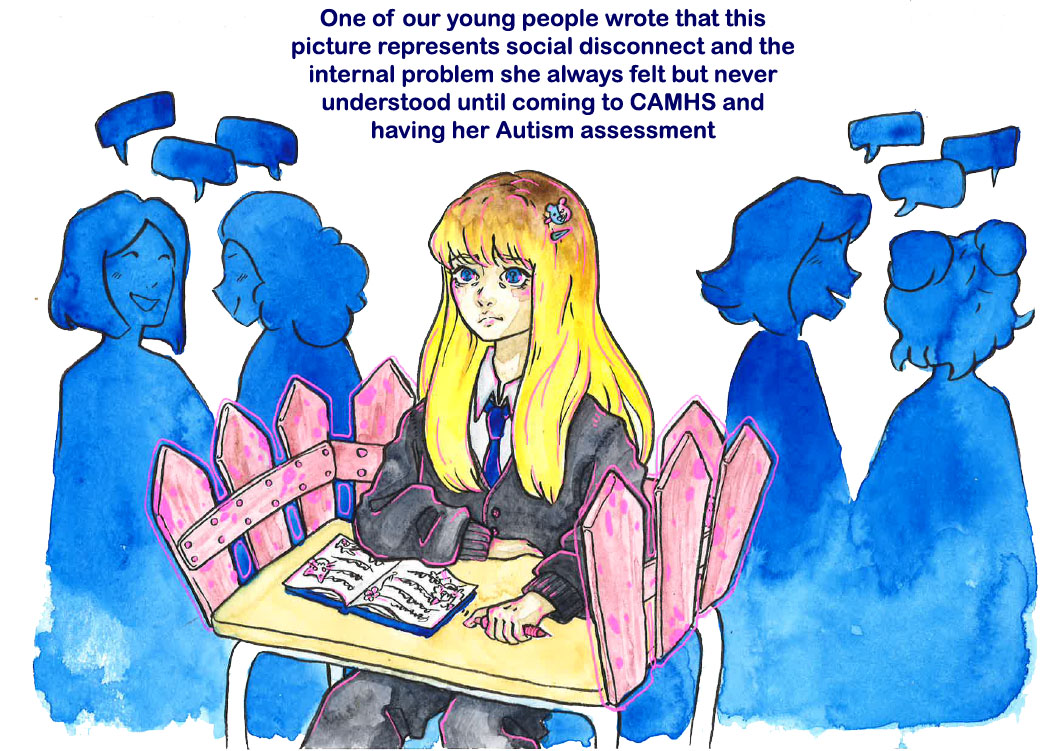 Here is a picture that one of our young people described as representing social disconnect and the internal problem she always felt but never understood until coming to CAMHS and having her autism assessment