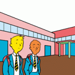 Cartoon image of two school children outside a building